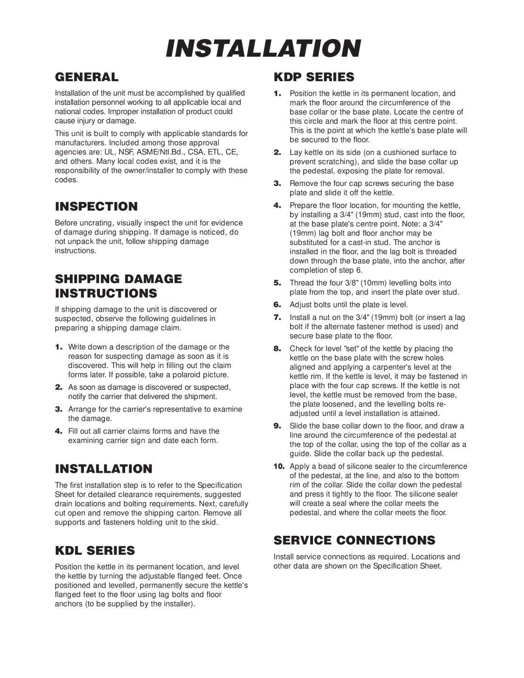 Cleveland Range KDL-TSH, KDL-SH, KDP-T manual Installation 