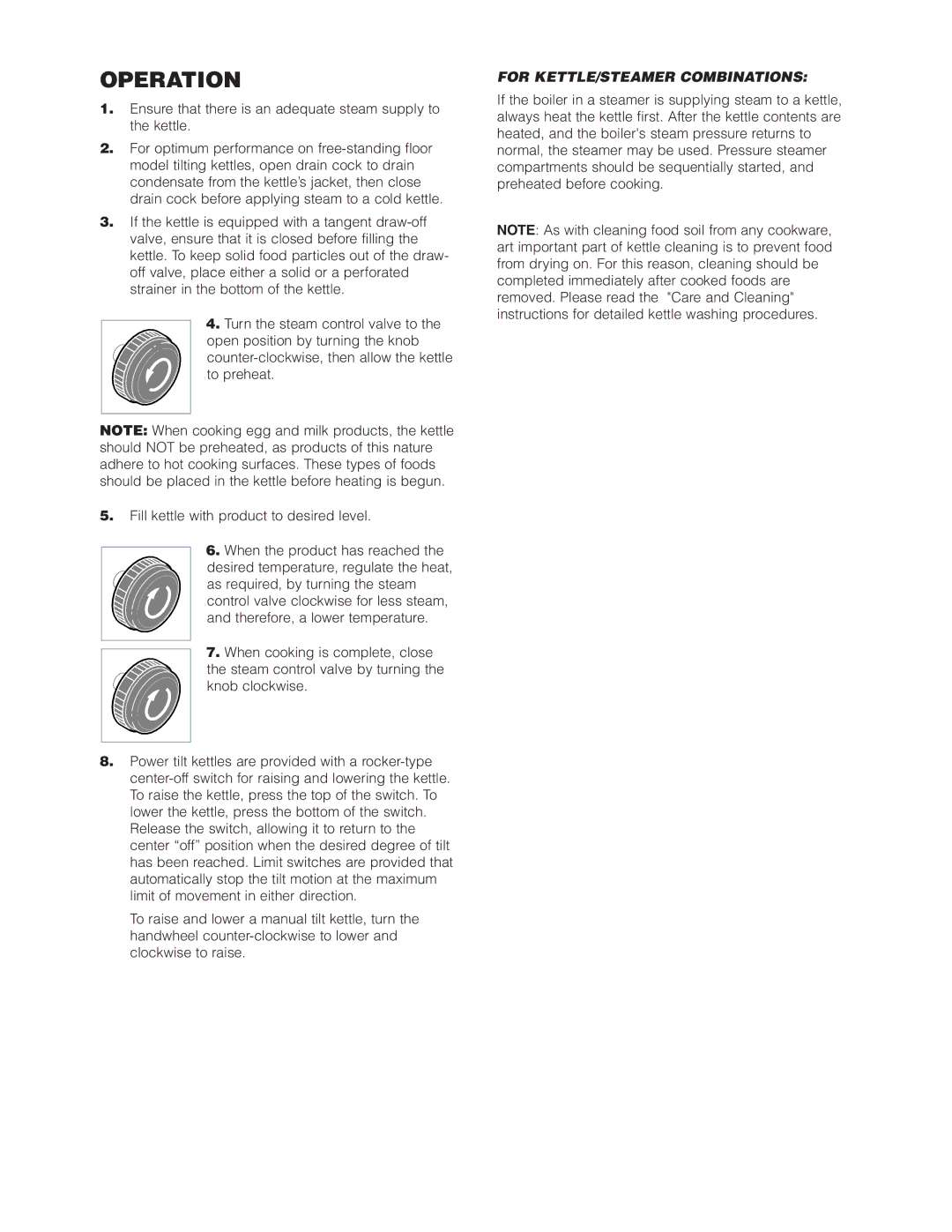 Cleveland Range KDL-SH, KDL-TSH, KDP-T manual Operation, For KETTLE/STEAMER Combinations 