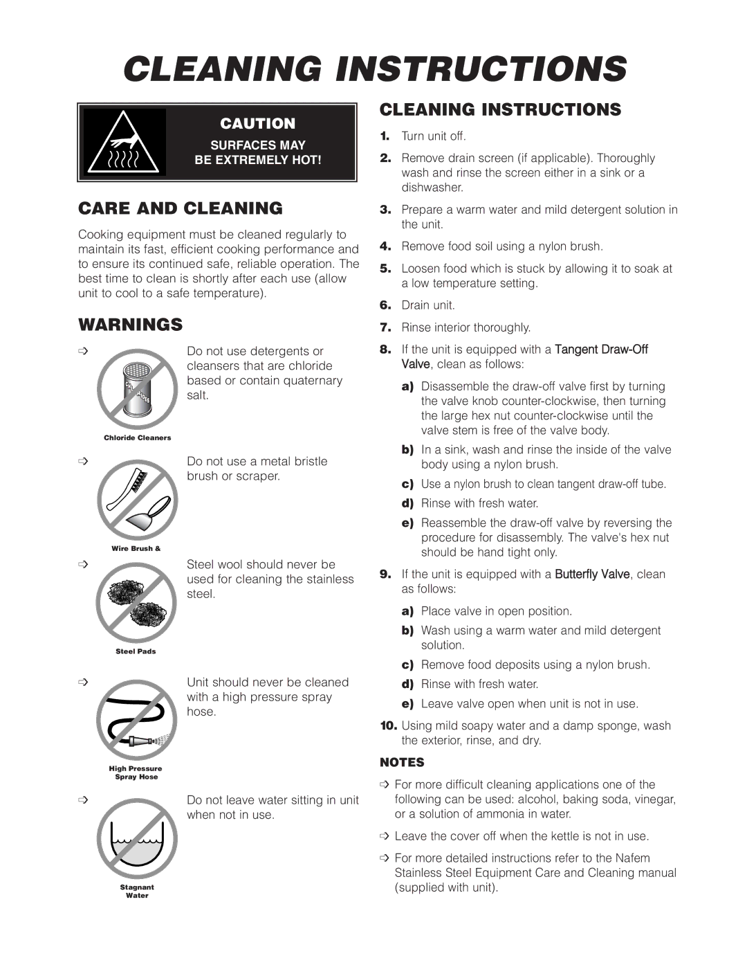 Cleveland Range KDL-TSH, KDL-SH, KDP-T manual Cleaning Instructions, Care and Cleaning 