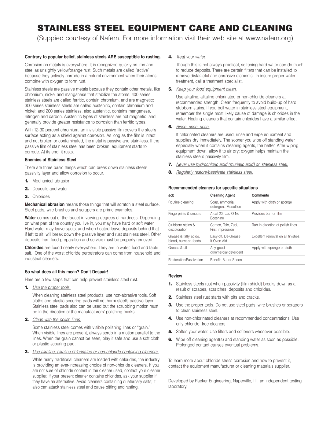 Cleveland Range KDP-T, KDL-TSH, KDL-SH manual Stainless Steel Equipment Care and Cleaning 