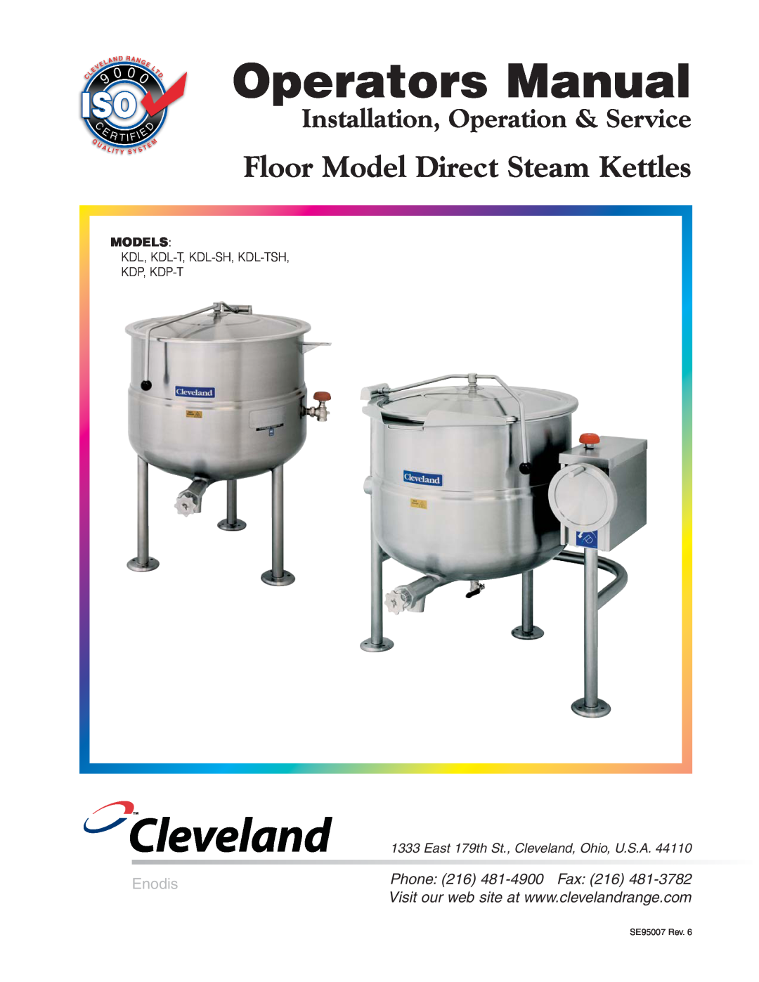 Cleveland Range KDP manual Phone 216 481-4900Fax, Operators Manual, Cleveland, Floor Model Direct Steam Kettles, Enodis 
