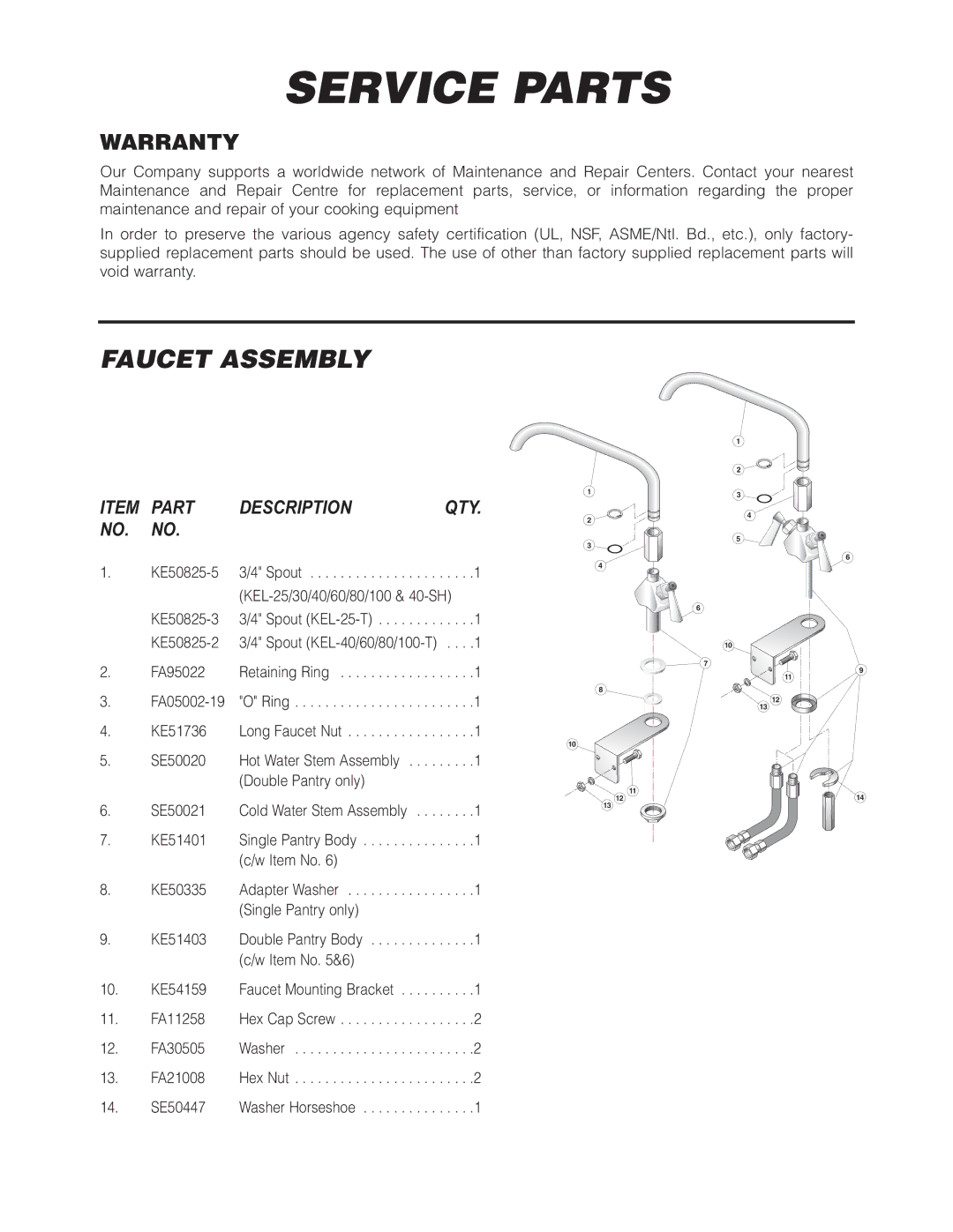 Cleveland Range KEL-30, KEL-60-SH, KEL-100-T, KEL-80-T, KEL-40 Service Parts, Faucet Assembly, Warranty, Part Description 