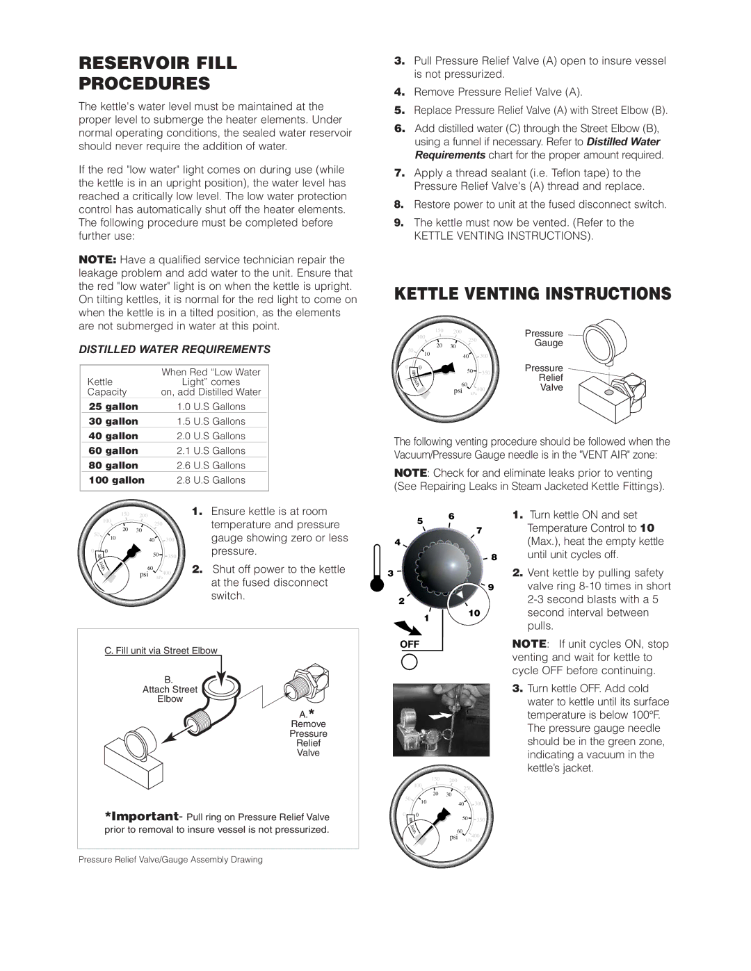 Cleveland Range KEL-30, KEL-60-SH, KEL-100-T, KEL-80-T, KEL-40-T manual Reservoir Fill Procedures, Kettle Venting Instructions 