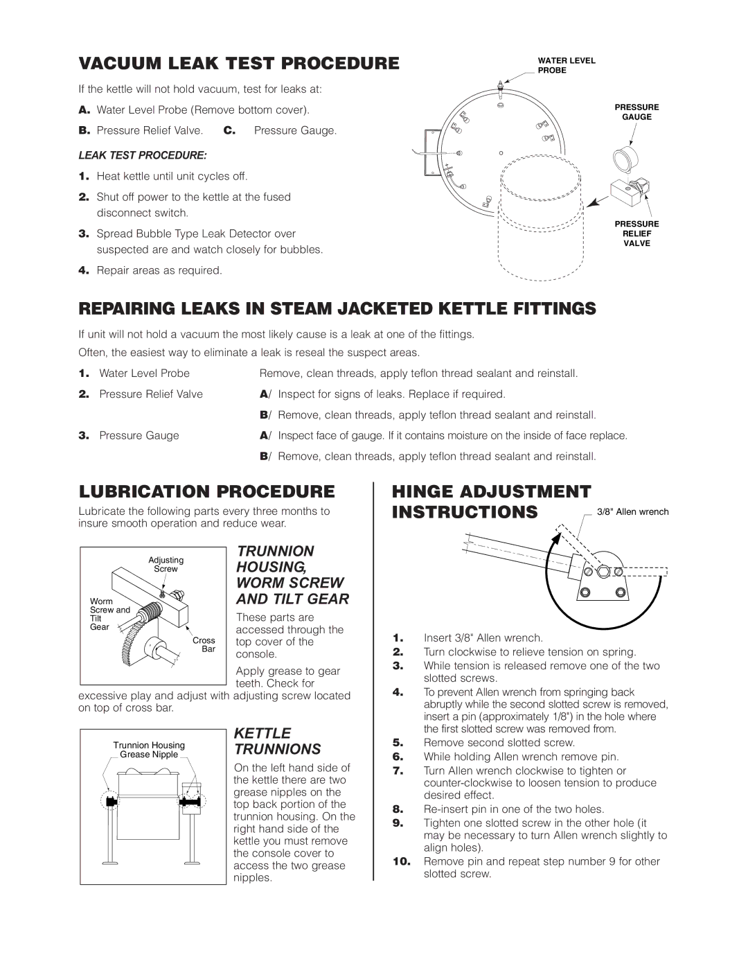 Cleveland Range KEL-60-SH, KEL-30, KEL-100-T Vacuum Leak Test Procedure, Repairing Leaks in Steam Jacketed Kettle Fittings 