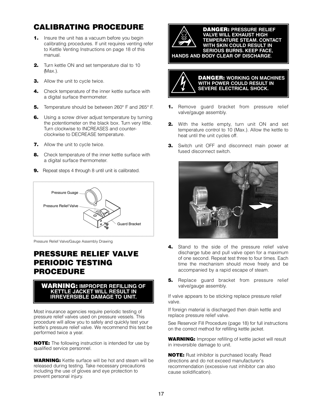 Cleveland Range KET-3-T manual Calibrating Procedure, Pressure Relief Valve Periodic Testing Procedure 