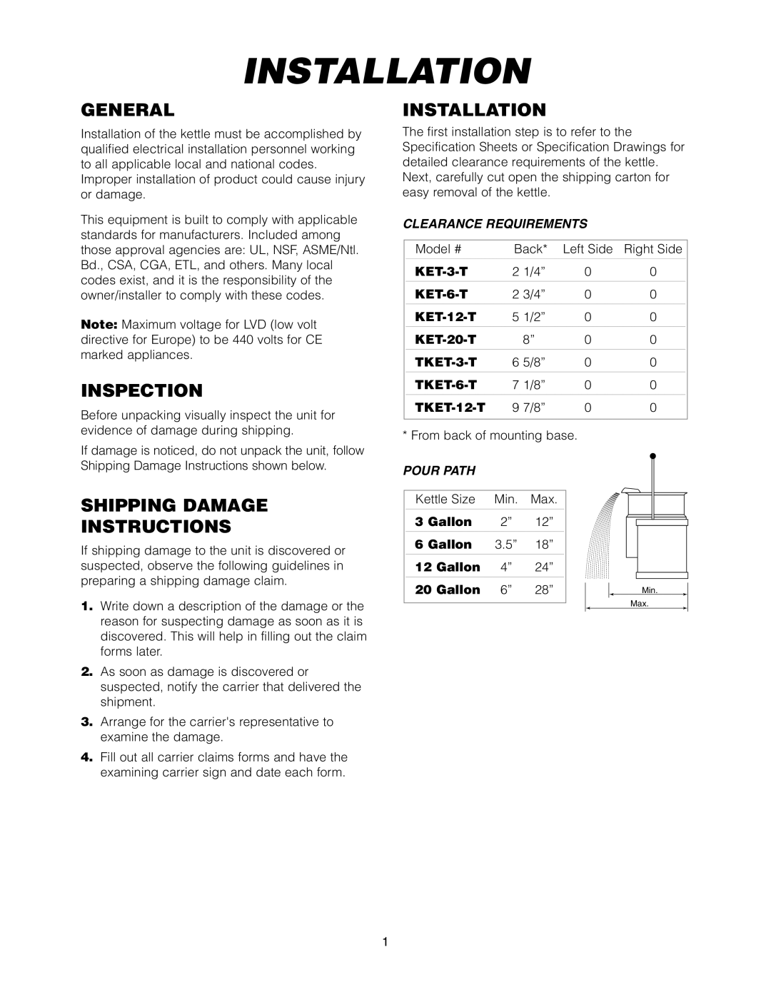 Cleveland Range KET-3-T manual Installation, General, Inspection, Shipping Damage Instructions 