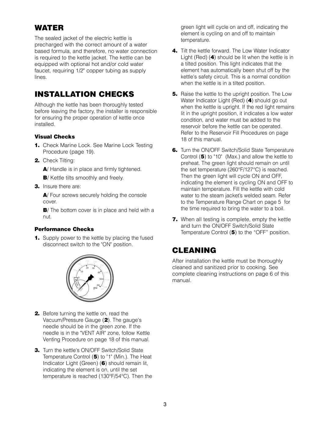 Cleveland Range KET-3-T manual Water, Installation Checks, Cleaning 