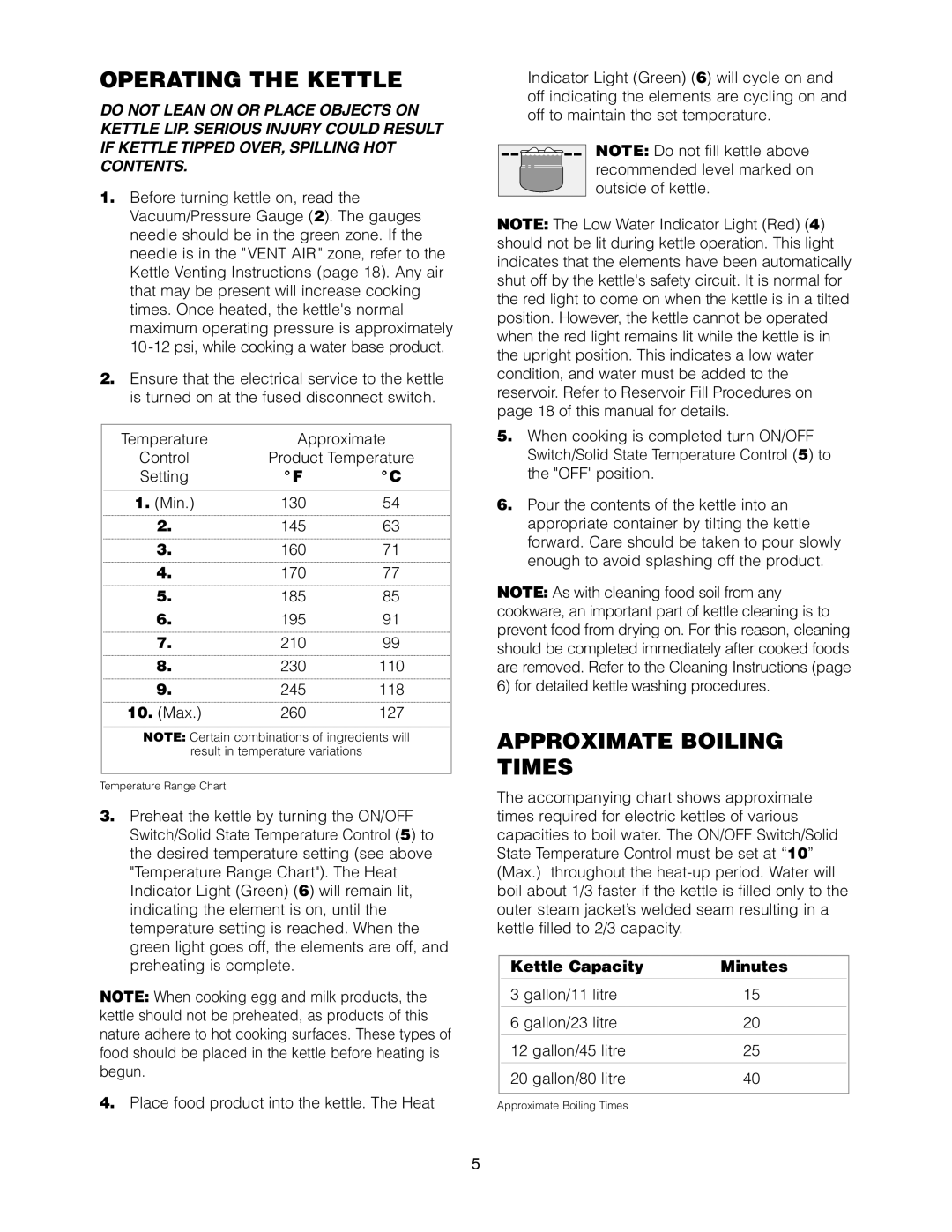 Cleveland Range KET-3-T manual Operating the Kettle, Approximate Boiling Times 