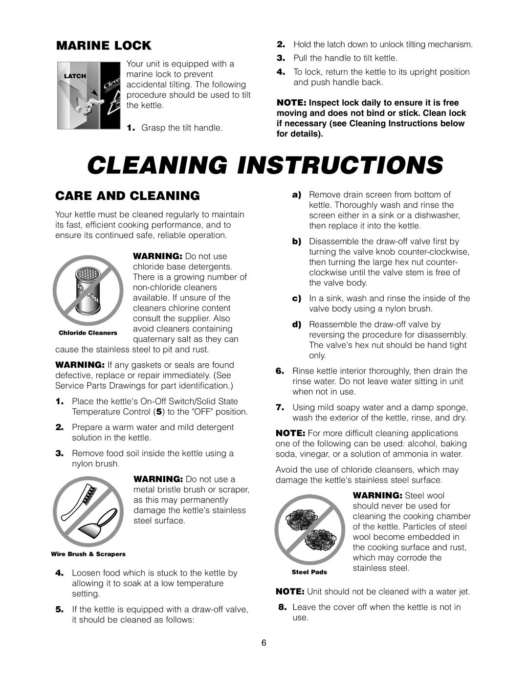 Cleveland Range KET-3-T manual Cleaning Instructions, Marine Lock, Care and Cleaning 