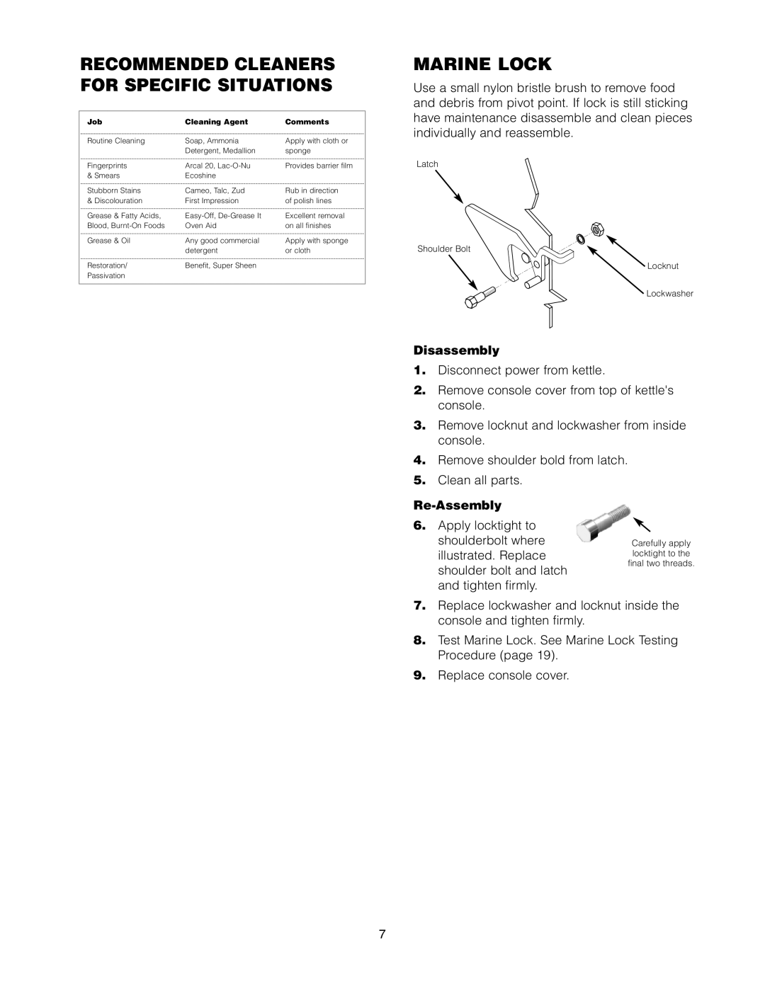 Cleveland Range KET-3-T manual Recommended Cleaners for Specific Situations, Job Cleaning Agent Comments 