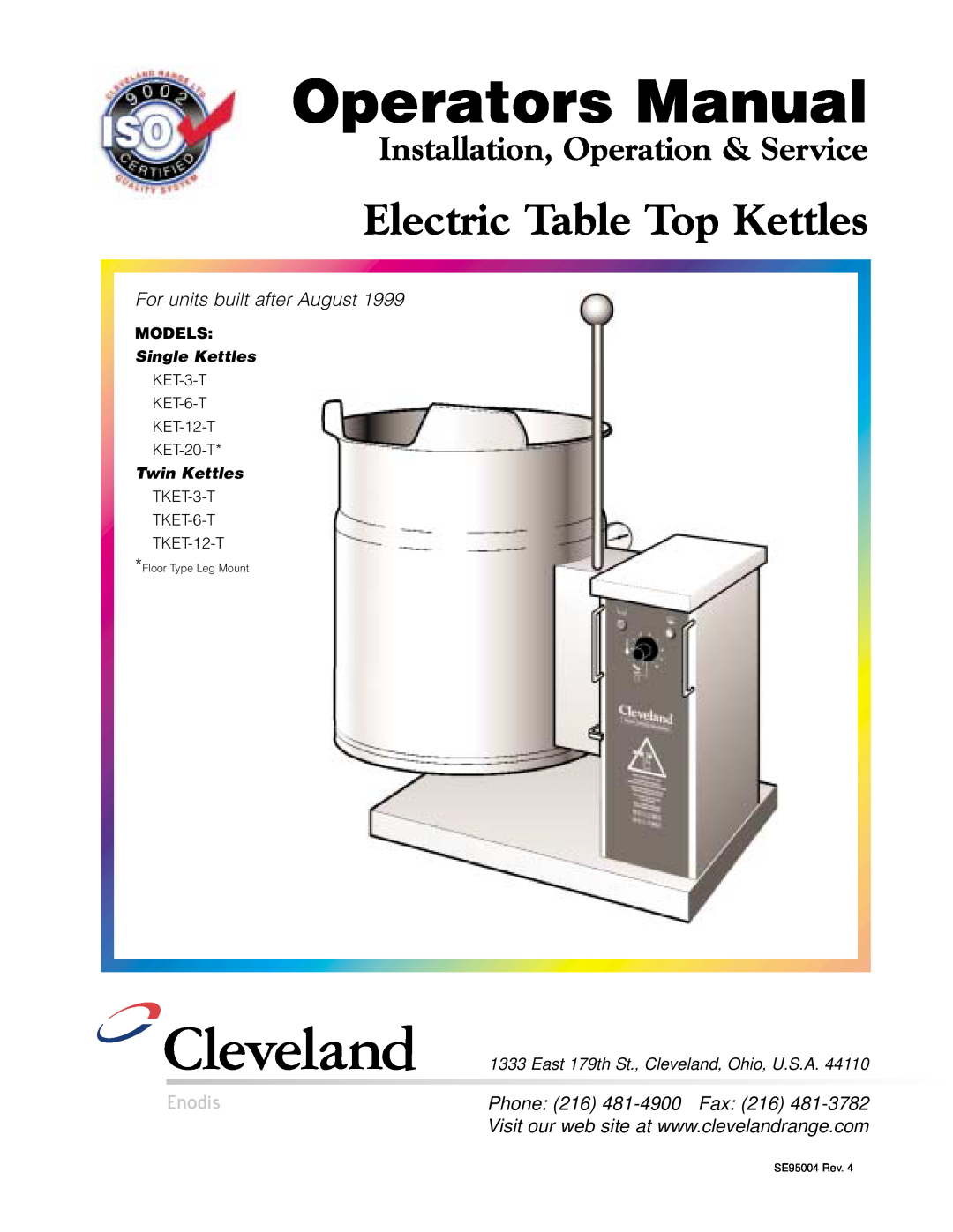 Cleveland Range KET-3-T manual Operators Manual, Electric Table Top Kettles, Installation, Operation & Service, Enodis 