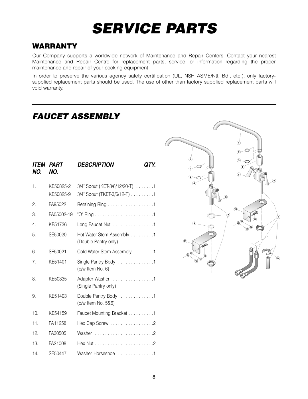Cleveland Range KET-3-T manual Service Parts, Faucet Assembly, Warranty, Description 