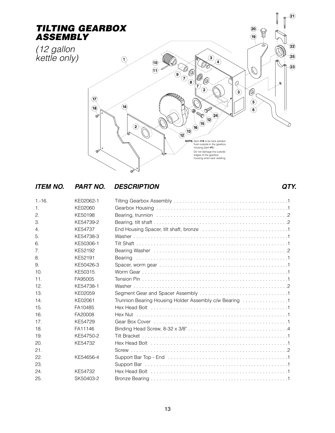 Cleveland Range KET-3-T manual Tilting Gearbox, Assembly, gallon, kettle only, Item No, Description 
