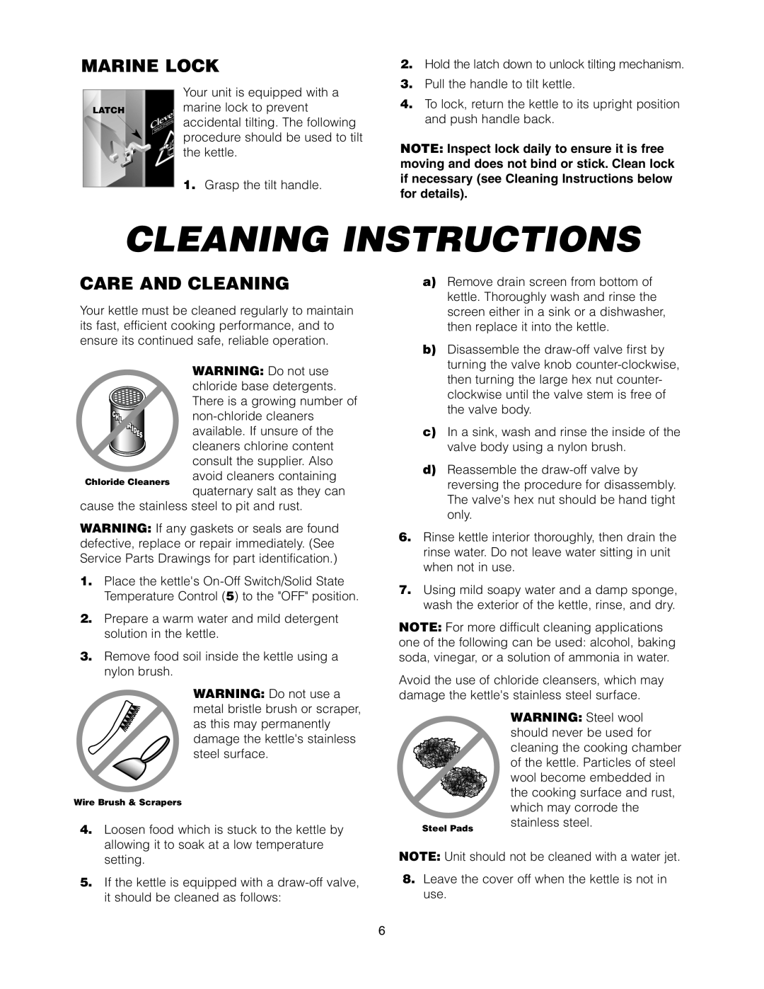 Cleveland Range KET-3-T manual Cleaning Instructions, Marine Lock, Care And Cleaning 