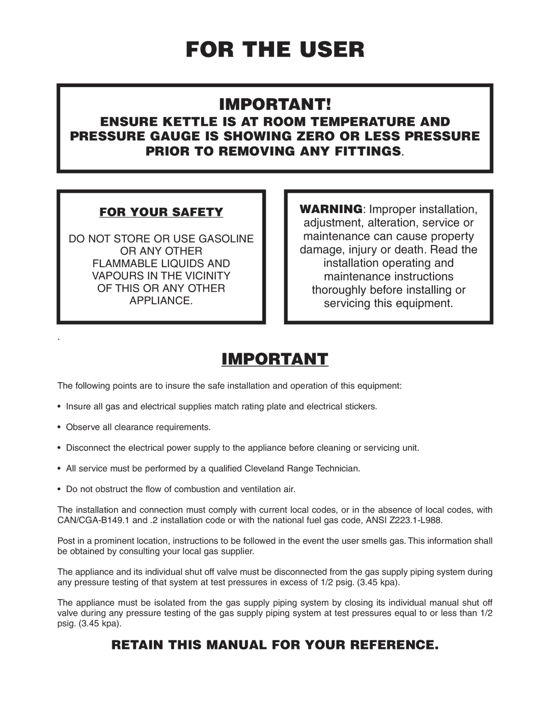 Cleveland Range KGL-40-TSH, KGL-40, KGL-40-T, KGL-40SH manual For the User, Retain this Manual for Your Reference 