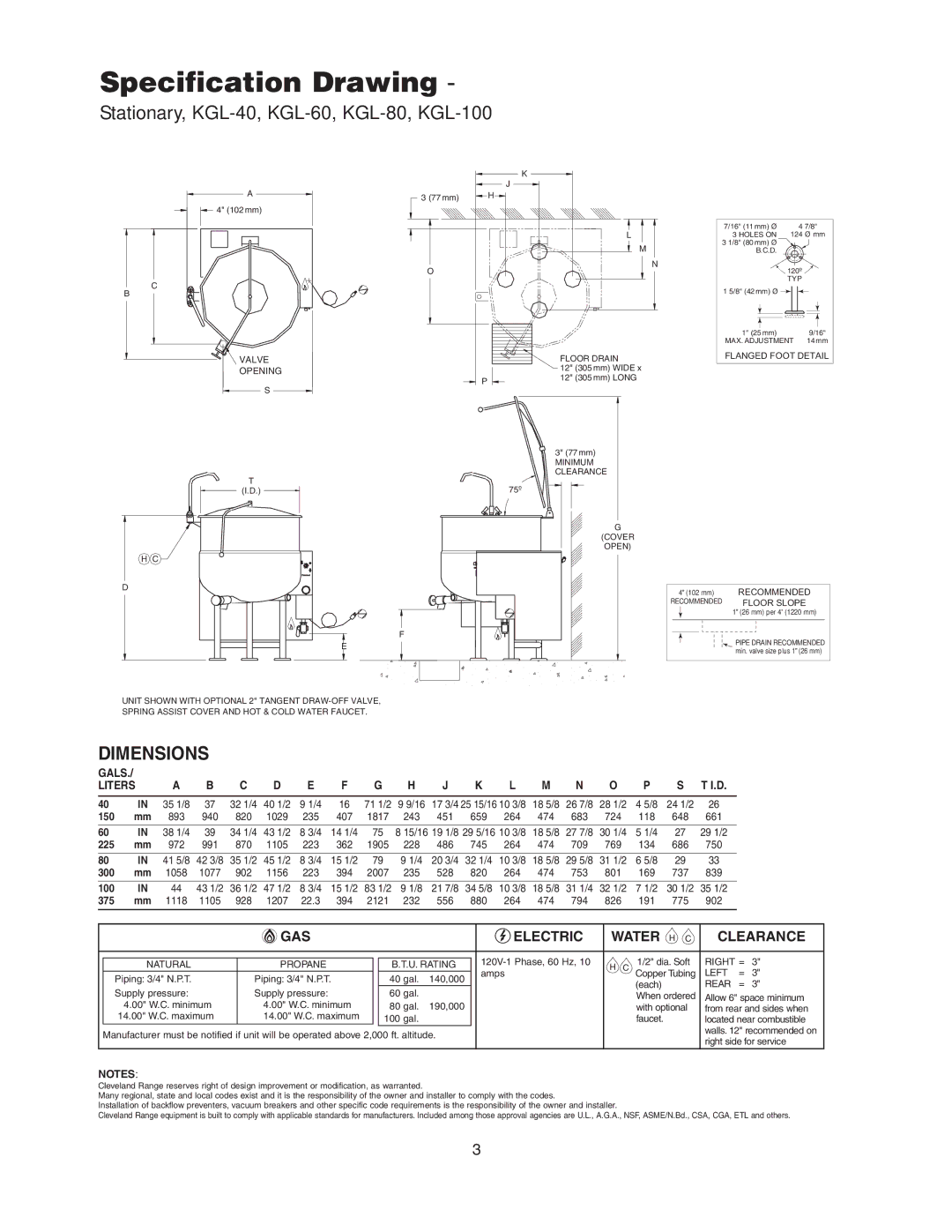 Cleveland Range KGL-40-TSH, KGL-40, KGL-40-T, KGL-40SH, KGL-80-T, KGL-40-SH, KGL-100, KGL-40-T manual Specification Drawing 