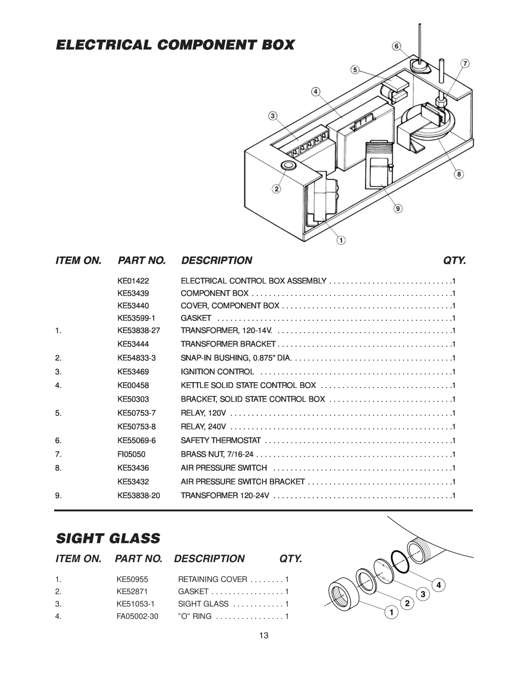 Cleveland Range KGL-80-T, KGL-40-SH, KGL-100, KGL-40-T manual Electrical Component Box, Sight Glass, Item On, Description 