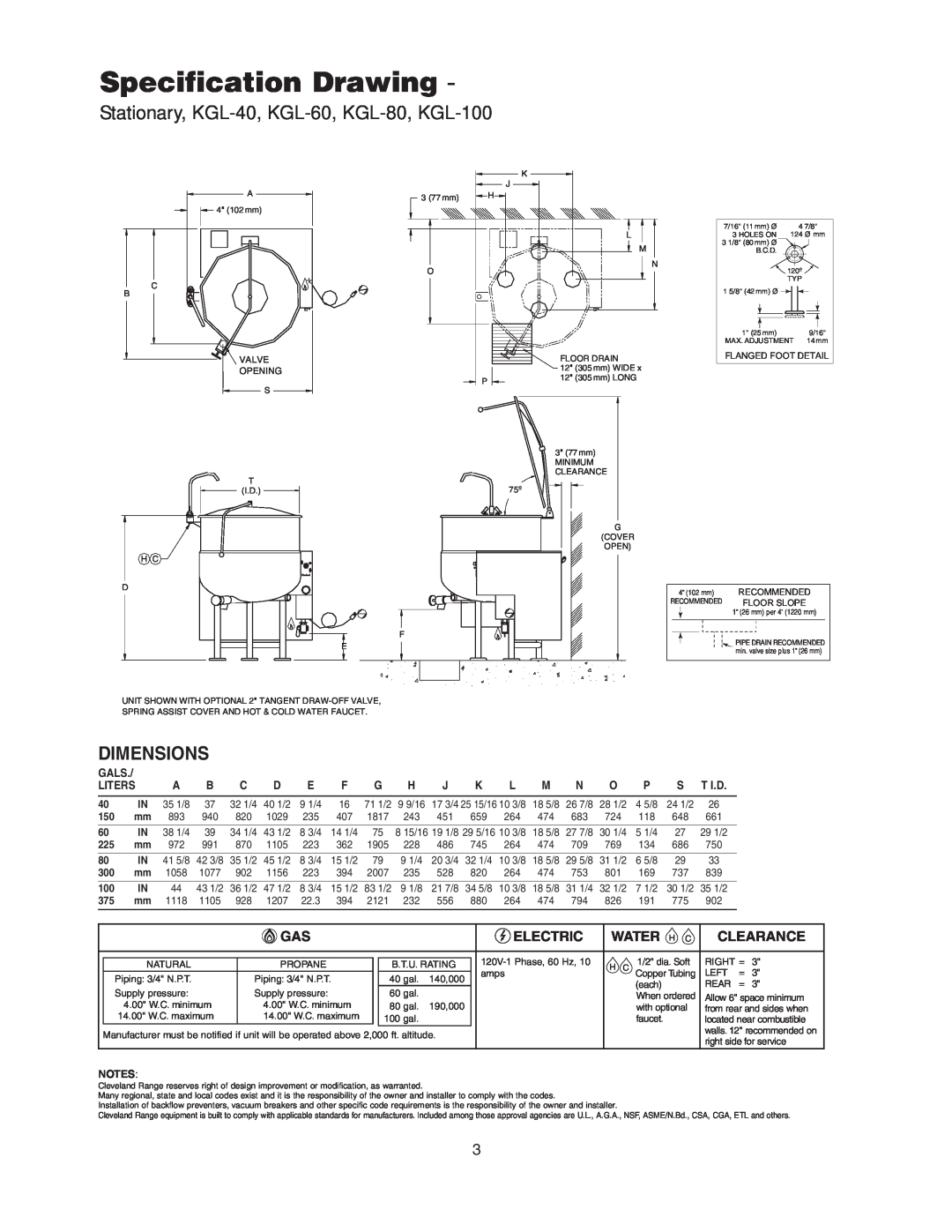 Cleveland Range KGL-40-TSH, KGL-40, KGL-40-T, KGL-40SH Specification Drawing, Dimensions, Electric, Water H C, Clearance 