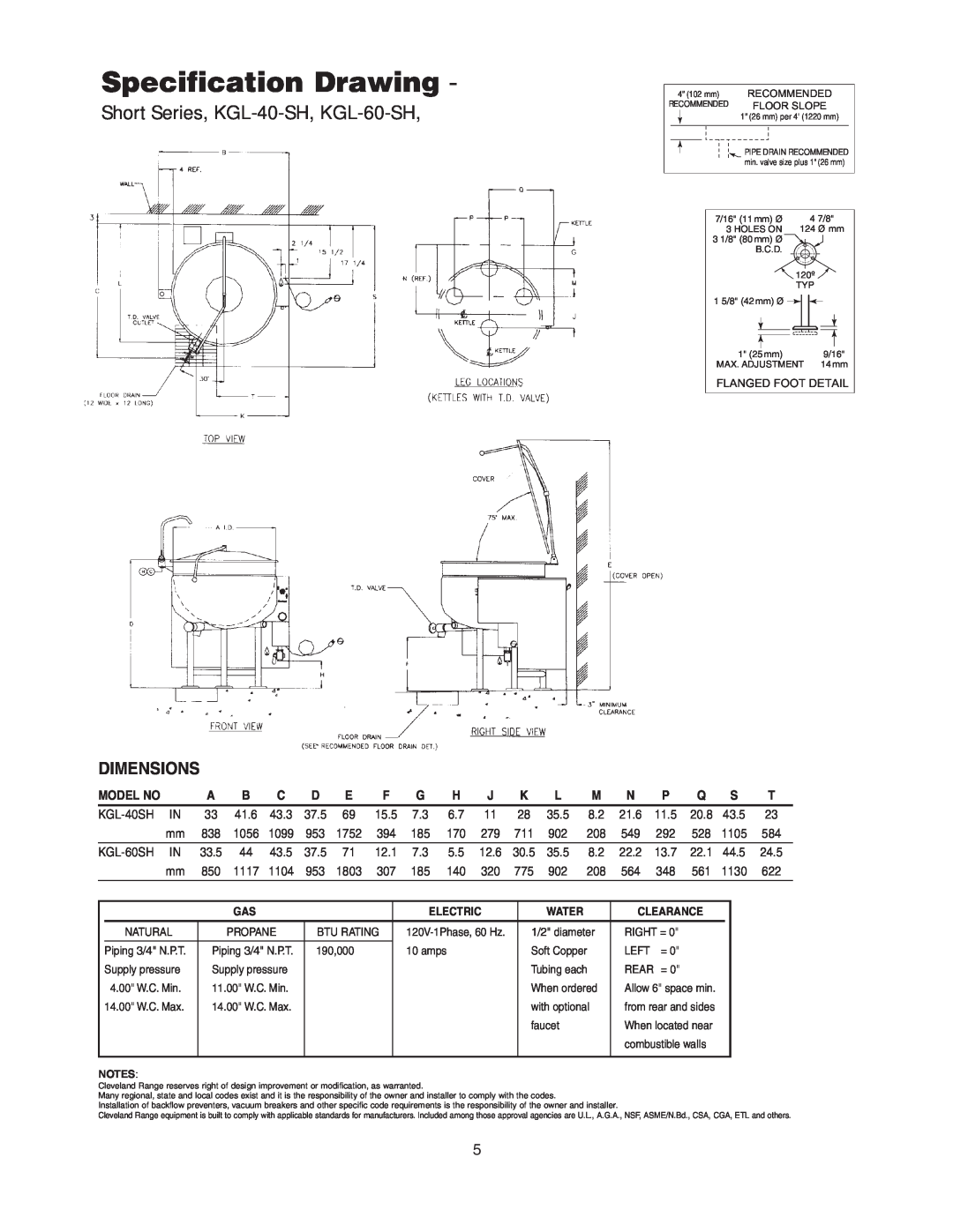 Cleveland Range KGL-80-T, KGL-40-SH manual Specification Drawing, Dimensions, Model No, KGL-40SH, 21.6, KGL-60SH, 22.2 