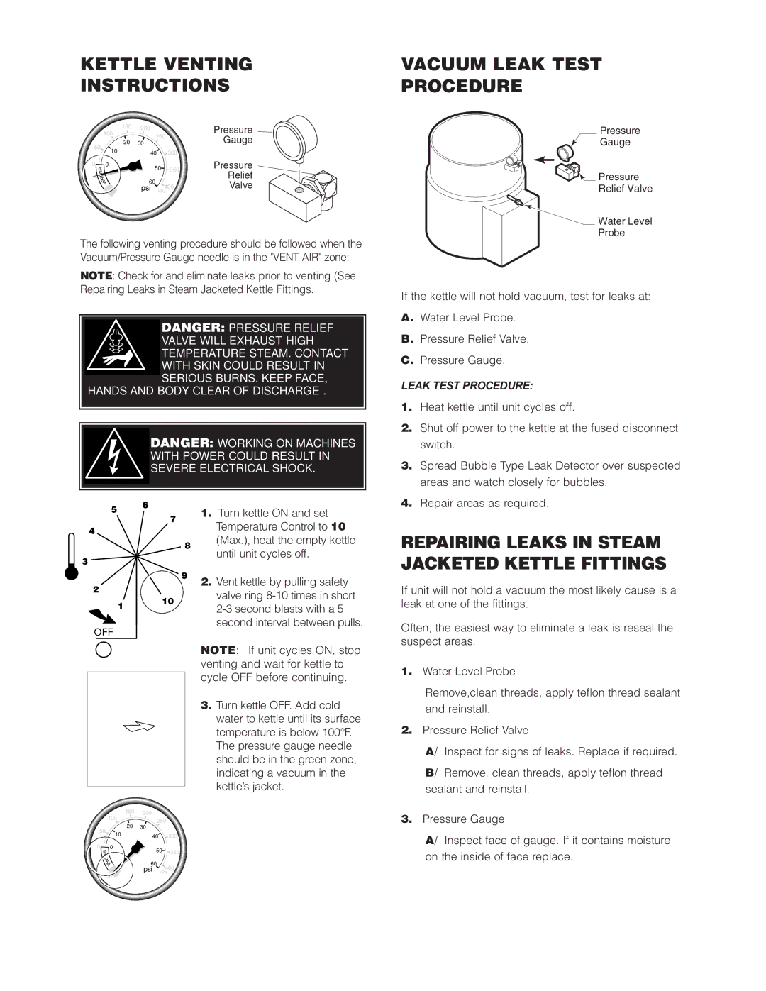 Cleveland Range KGT-12-T, KGT-6-T manual Kettle Venting Instructions, Vacuum Leak Test Procedure 