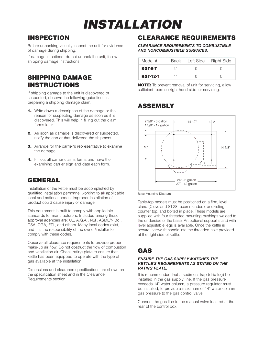 Cleveland Range KGT-6-T, KGT-12-T manual Installation 