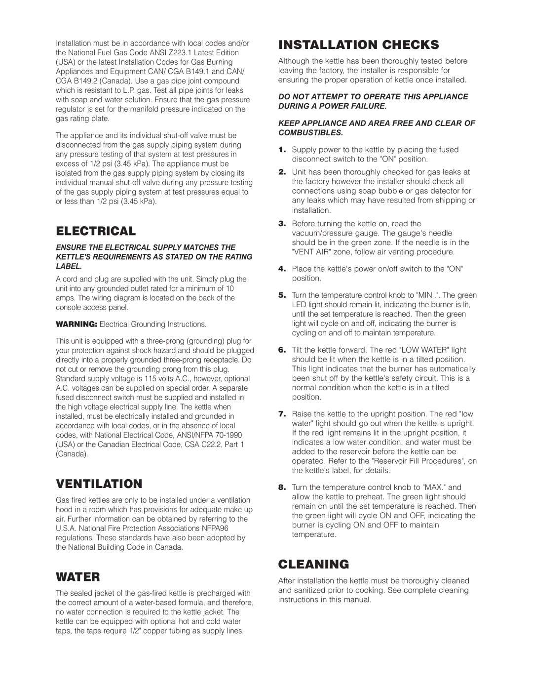 Cleveland Range KGT-12-T, KGT-6-T manual Electrical, Ventilation, Water, Installation Checks, Cleaning 