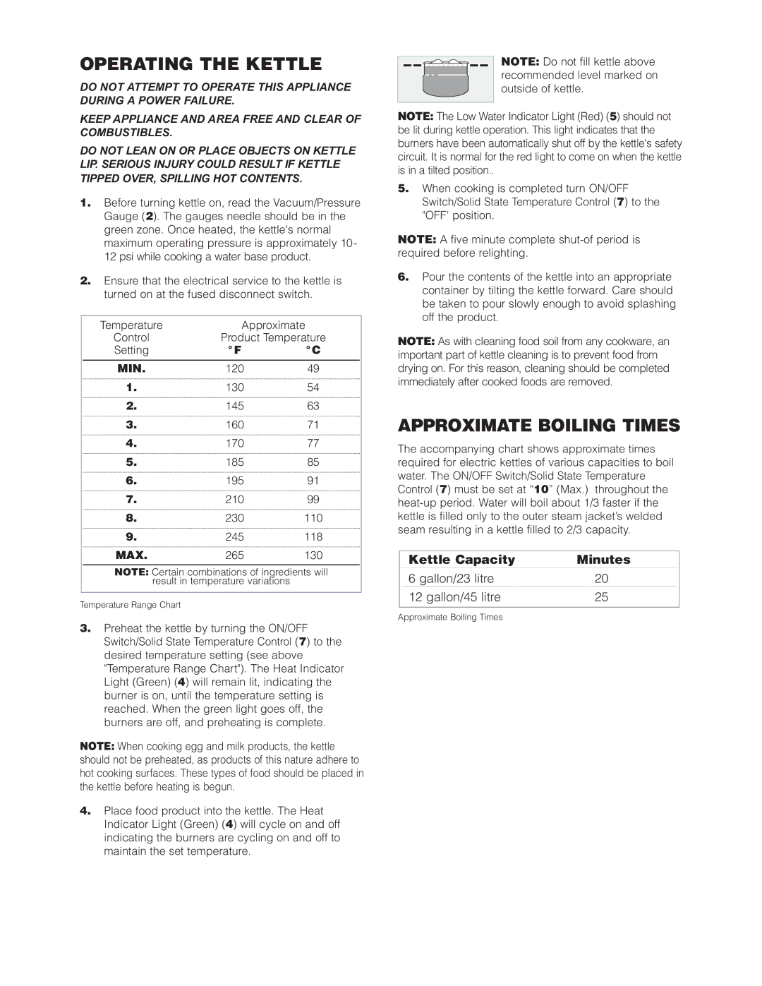 Cleveland Range KGT-12-T, KGT-6-T manual Operating the Kettle, Approximate Boiling Times 