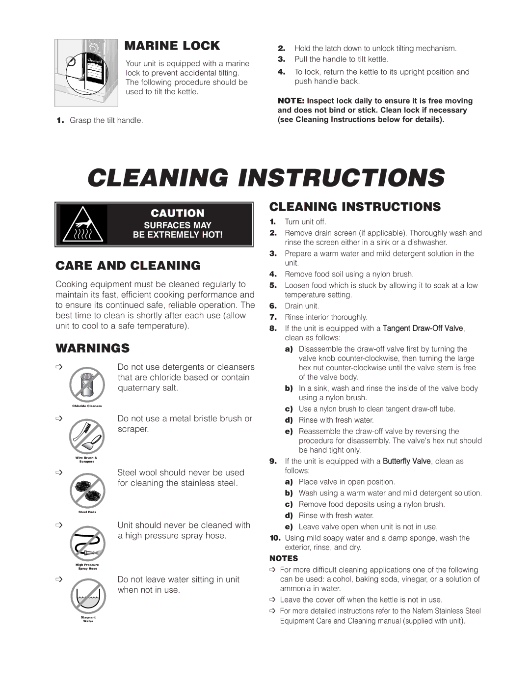 Cleveland Range KGT-6-T, KGT-12-T manual Cleaning Instructions, Marine Lock, Care and Cleaning 