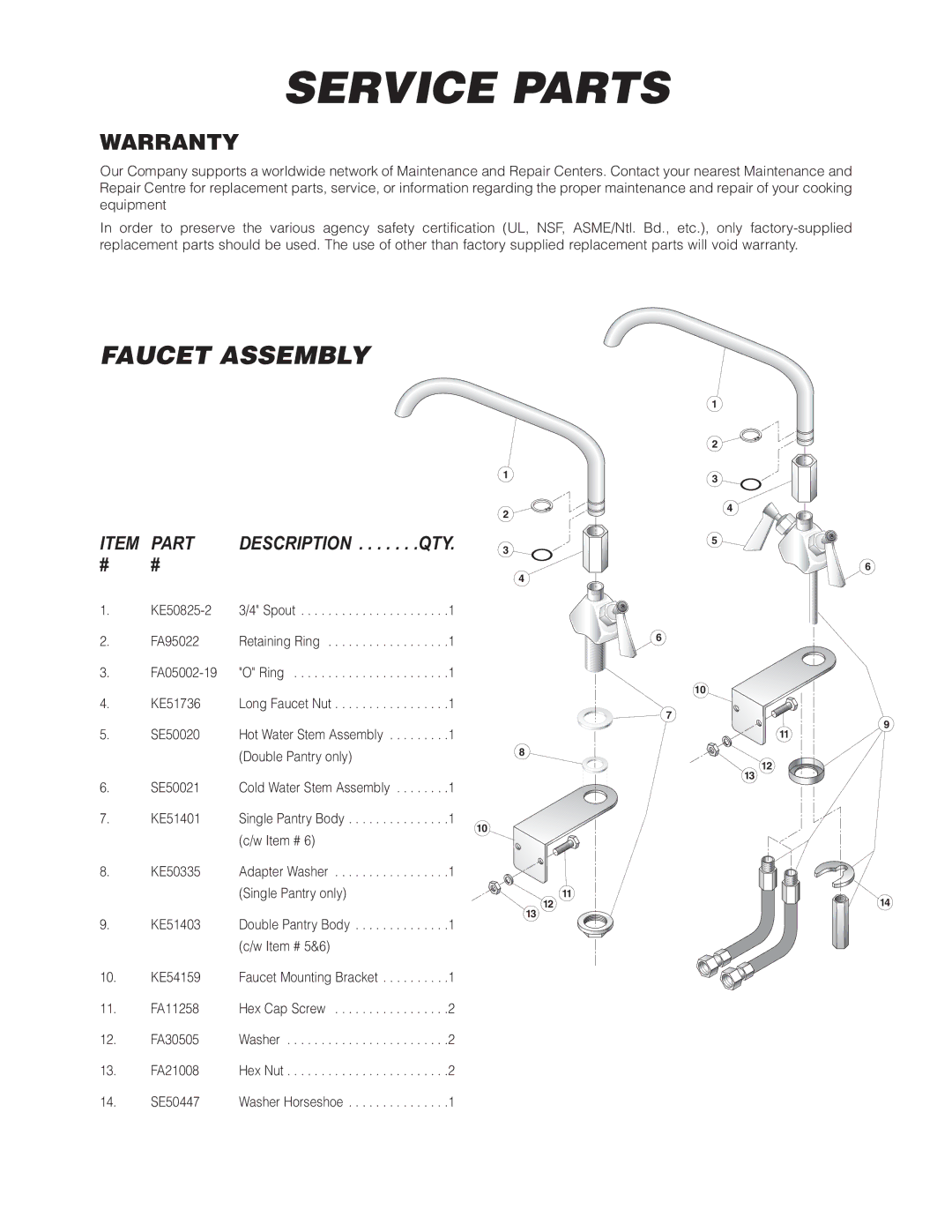 Cleveland Range KGT-6-T, KGT-12-T manual Service Parts, Faucet Assembly, Warranty 