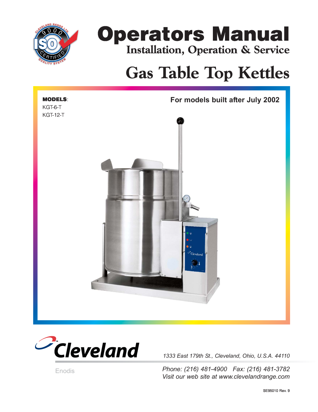 Cleveland Range KGT-6-T manual Operators Manual, Cleveland, Gas Table Top Kettles, Installation, Operation & Service 