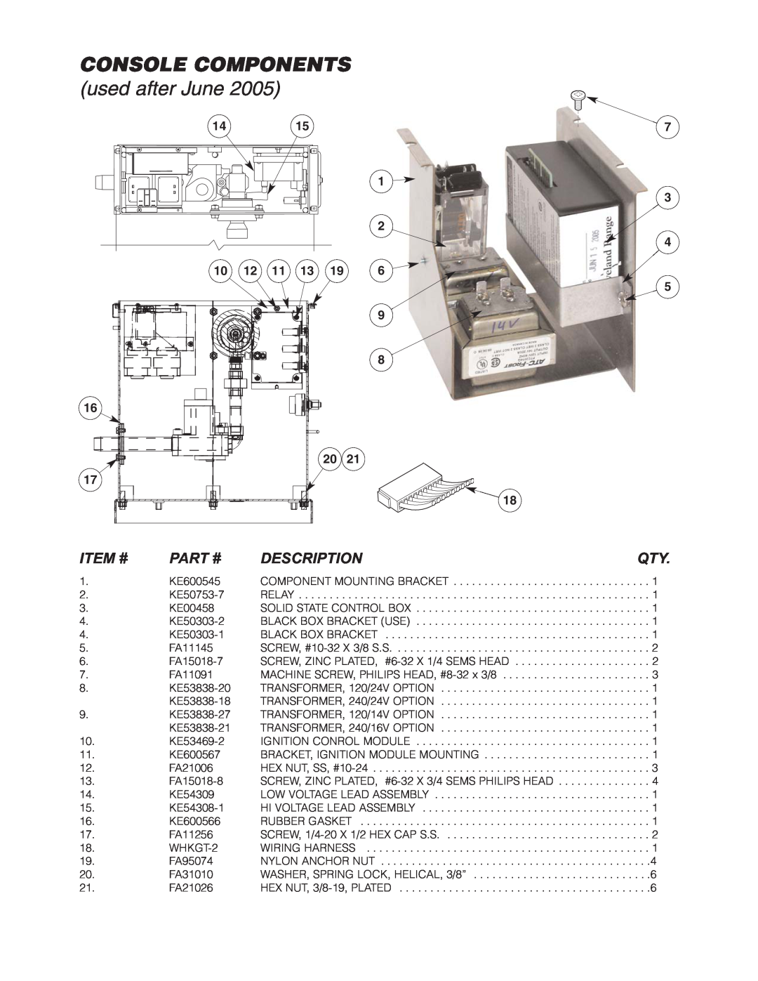 Cleveland Range KGT-12-T, KGT-6-T manual Console Components, used after June, Item #, Part #, Description 