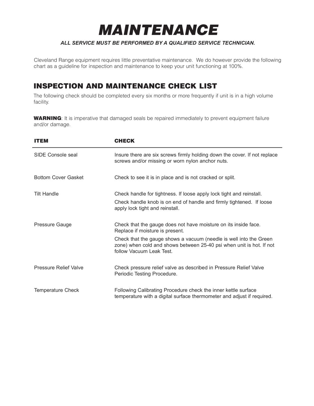 Cleveland Range KGT-12-T, KGT-6-T manual Inspection And Maintenance Check List 
