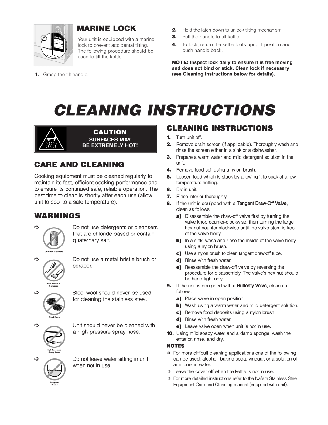 Cleveland Range KGT-6-T Cleaning Instructions, Marine Lock, Care And Cleaning, Warnings, Surfaces May Be Extremely Hot 