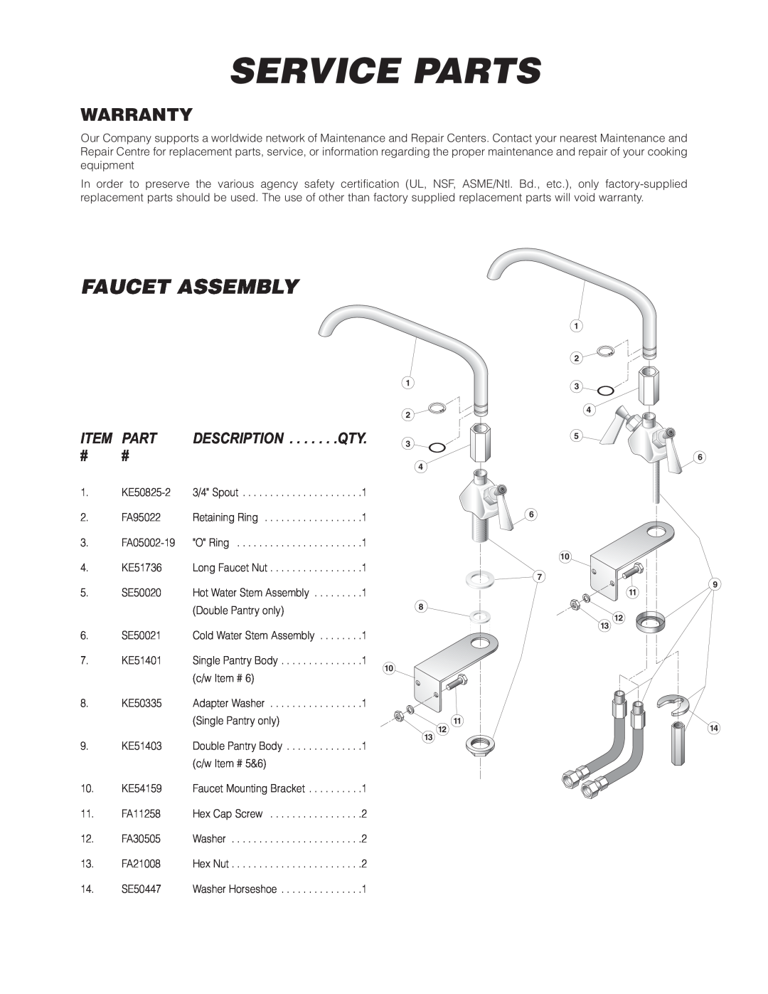 Cleveland Range KGT-6-T, KGT-12-T manual Service Parts, Faucet Assembly, Warranty, Description 