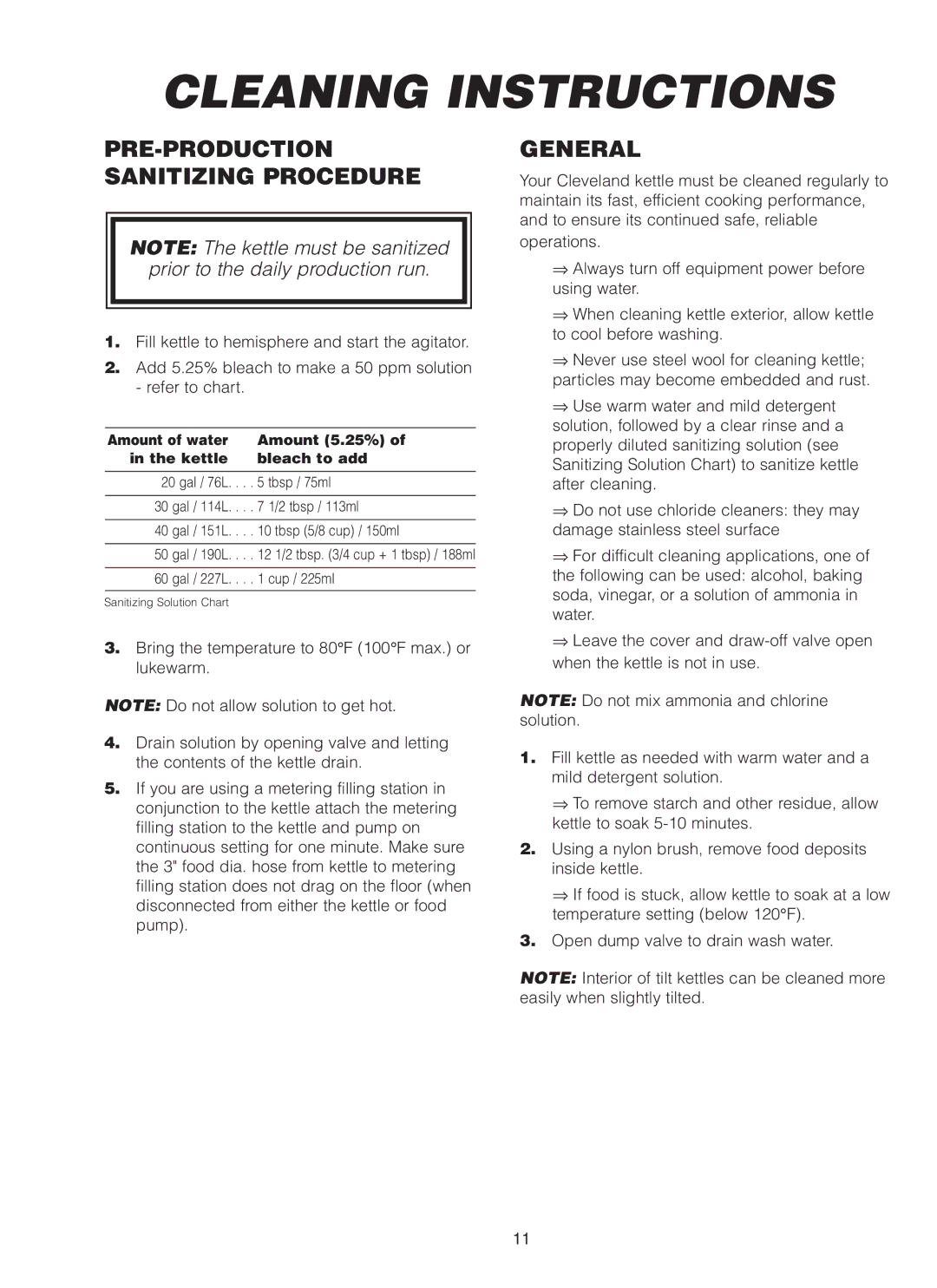 Cleveland Range MKDL-40-CC, MKDL-125-CC, MKDL-80-CC manual Cleaning Instructions, PRE-PRODUCTION Sanitizing Procedure 