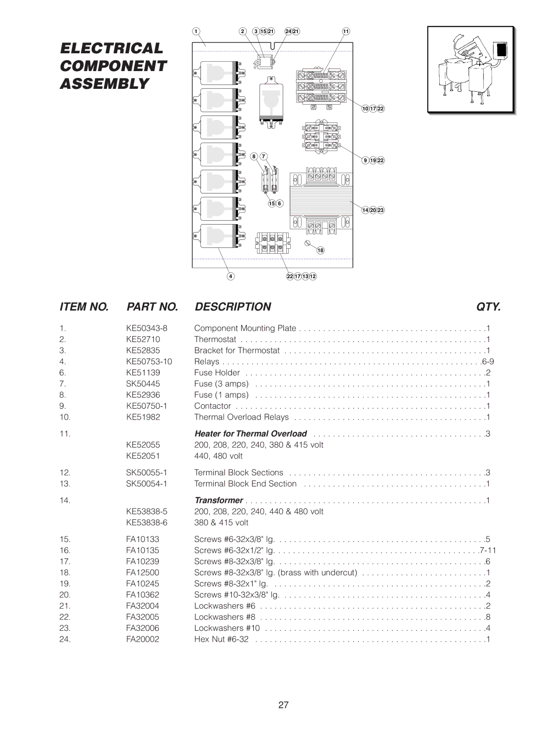 Cleveland Range MKDL-125-CC, MKDL-80-CC, MKDL-40-CC manual Electrical Component Assembly 