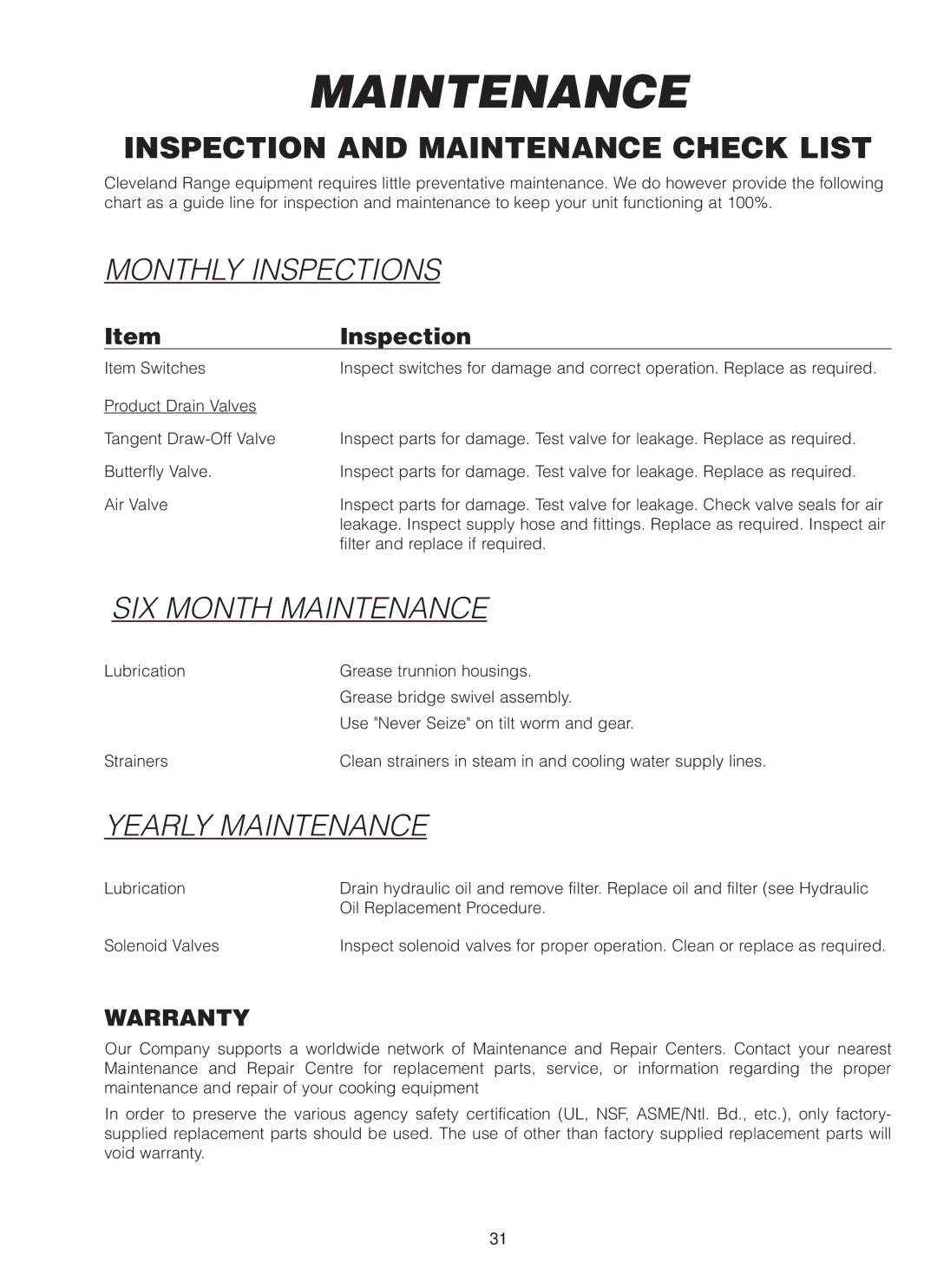 Cleveland Range MKDL-80-CC, MKDL-125-CC, MKDL-40-CC manual Maintenance 