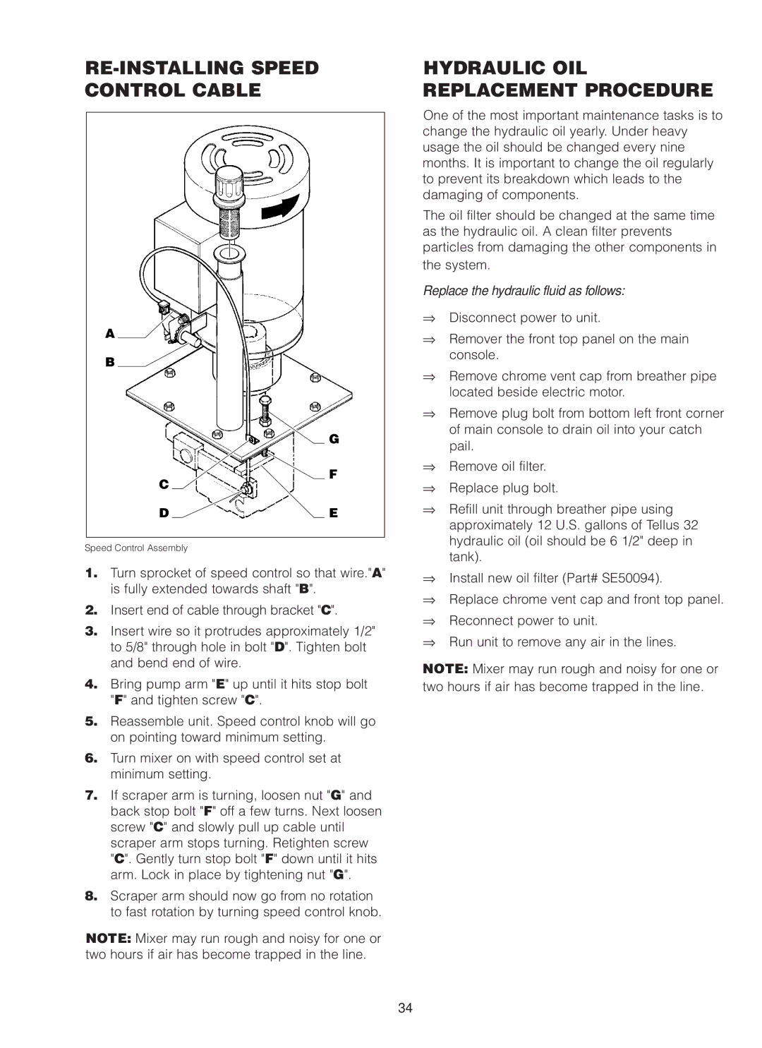 Cleveland Range MKDL-80-CC, MKDL-125-CC, MKDL-40-CC RE-INSTALLING Speed Control Cable, Hydraulic OIL Replacement Procedure 