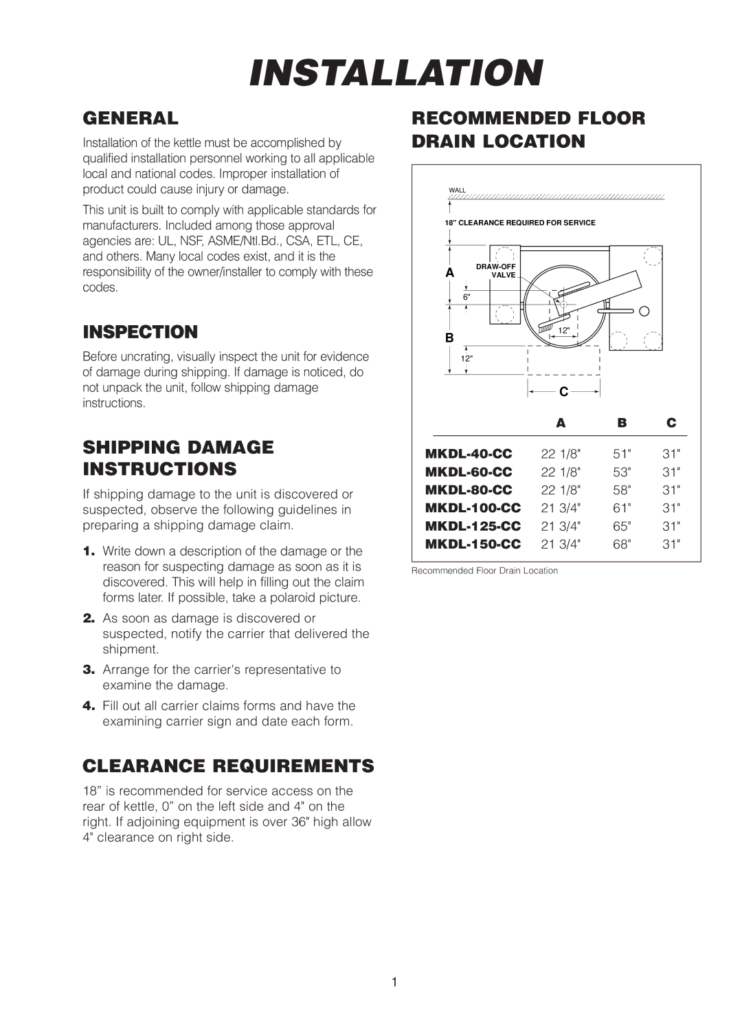 Cleveland Range MKDL-80-CC, MKDL-125-CC manual General, Inspection, Shipping Damage Instructions, Clearance Requirements 