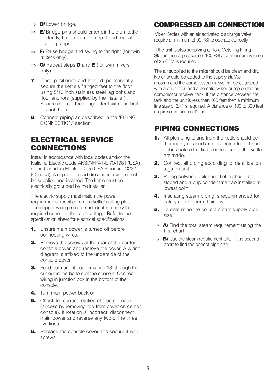 Cleveland Range MKDL-125-CC, MKDL-80-CC manual Electrical Service Connections, Compressed AIR Connection, Piping Connections 