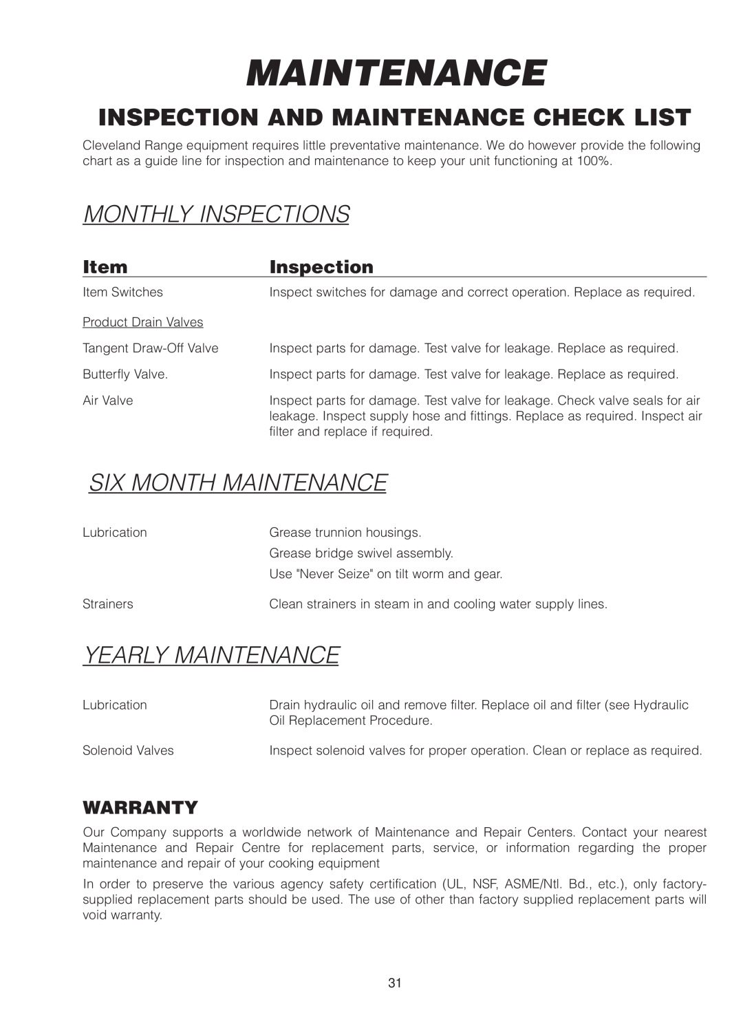 Cleveland Range MKDL-80-CC manual Inspection And Maintenance Check List, Monthly Inspections, Six Month Maintenance 