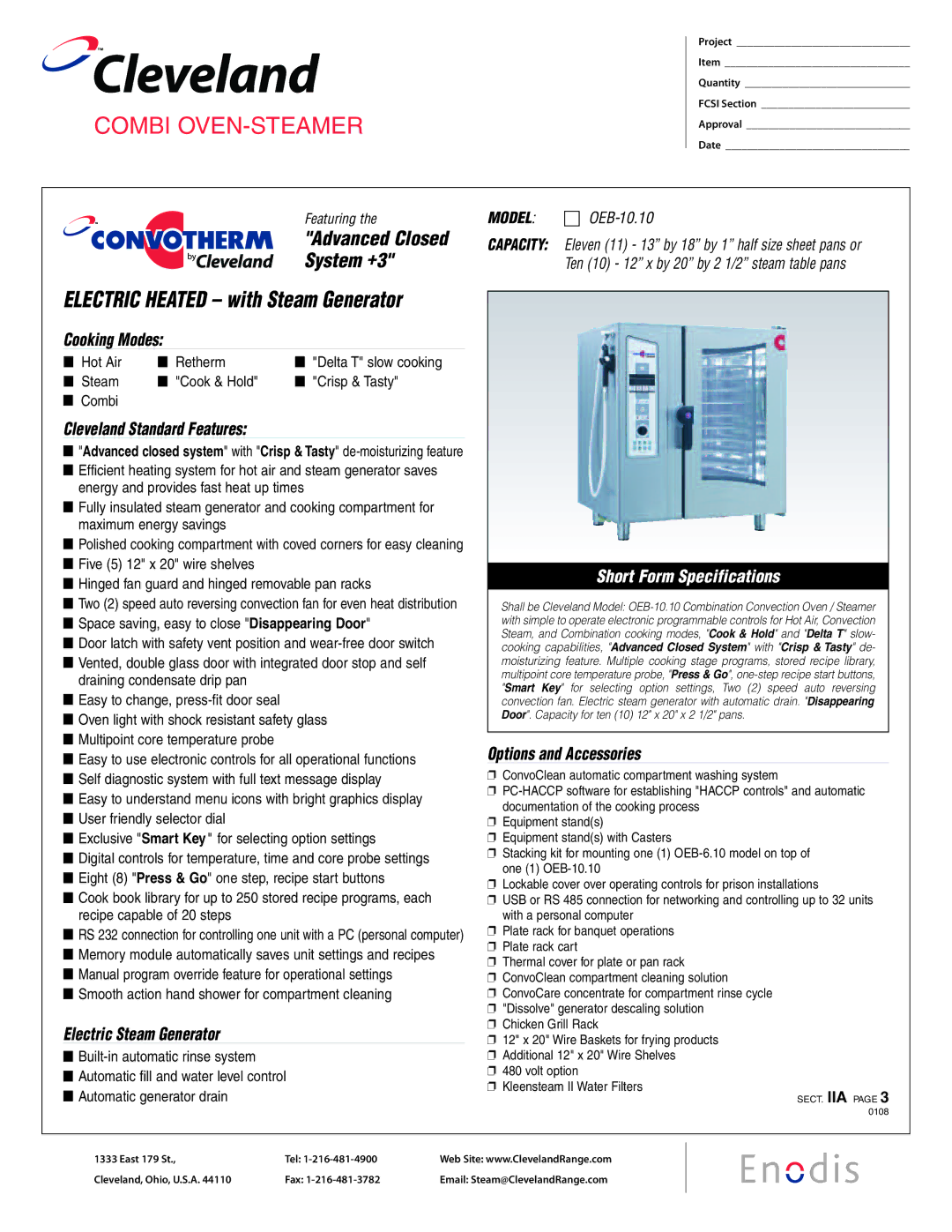 Cleveland Range OEB-10.10 specifications Electric Steam Generator, Options and Accessories 