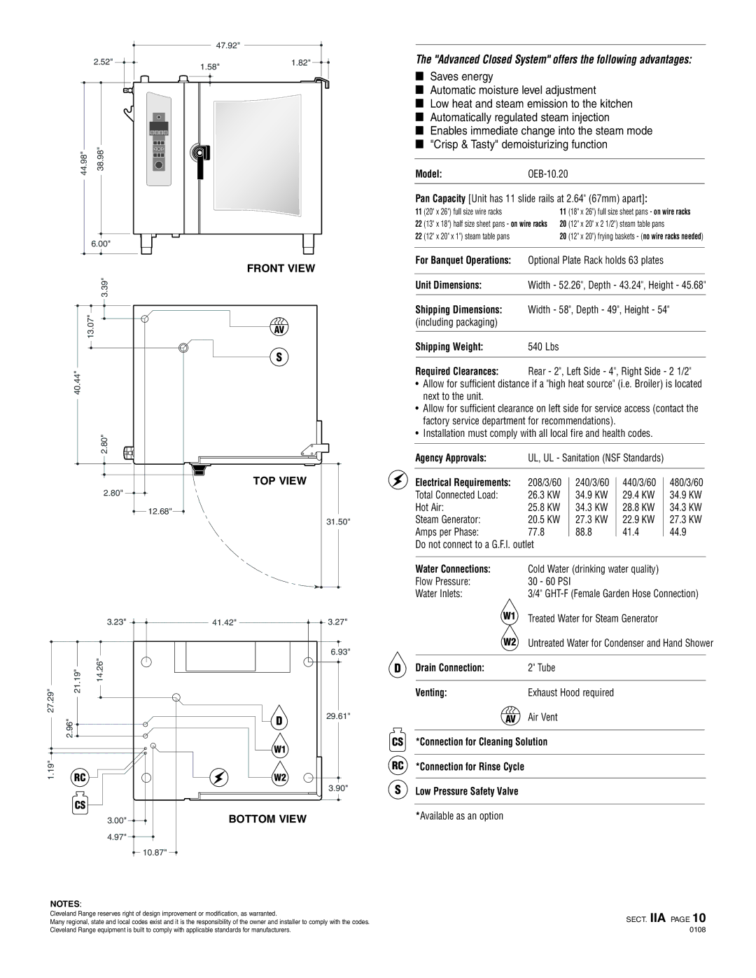 Cleveland Range OEB-10.20 specifications Front View, TOP View, Bottom View 