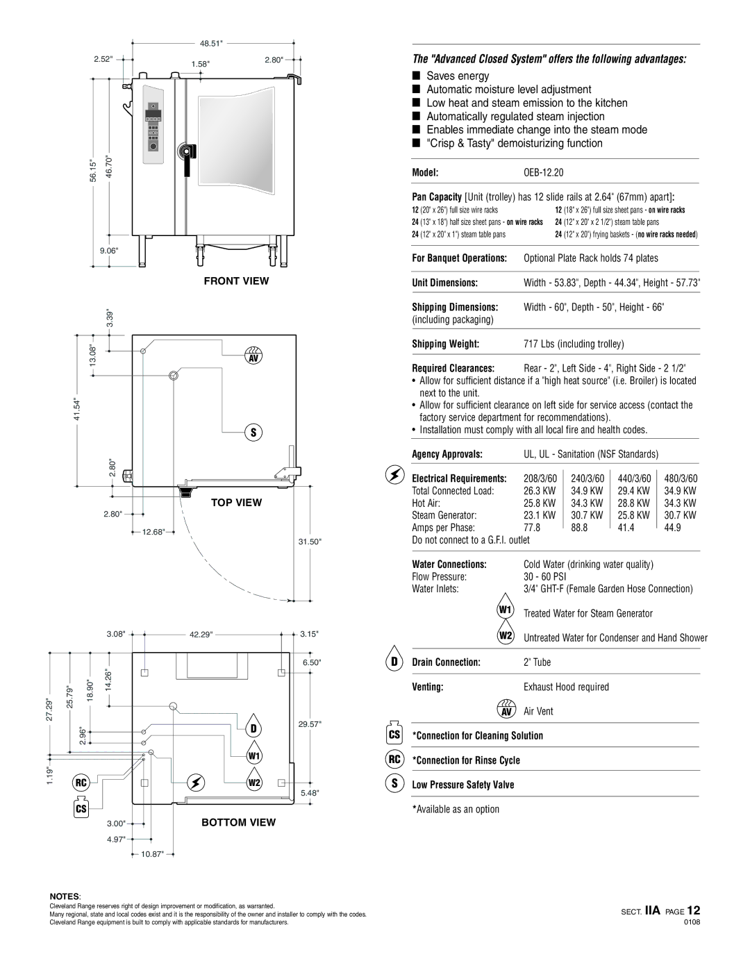 Cleveland Range OEB-12.20 Shipping Weight Lbs including trolley, Agency Approvals, Water Connections, Venting 