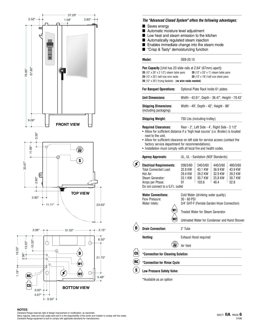 Cleveland Range OEB-20.10 Shipping Weight Lbs including trolley, Agency Approvals, Water Connections, Drain Connection 