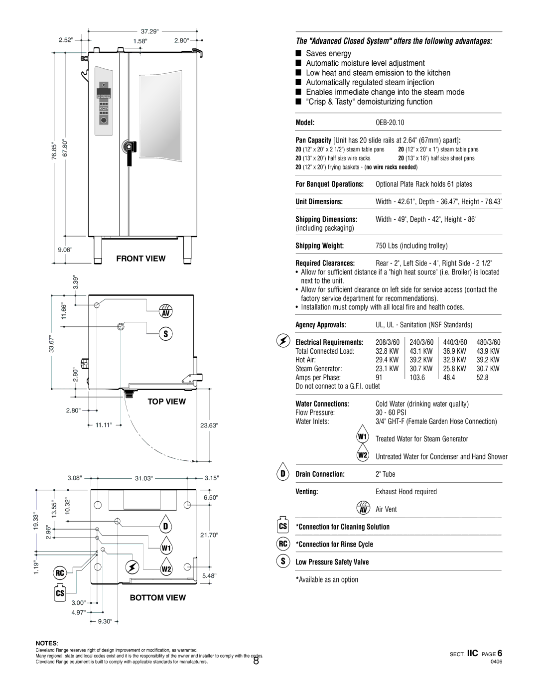 Cleveland Range OEB-20.20, OES-20.20 manual Front View 