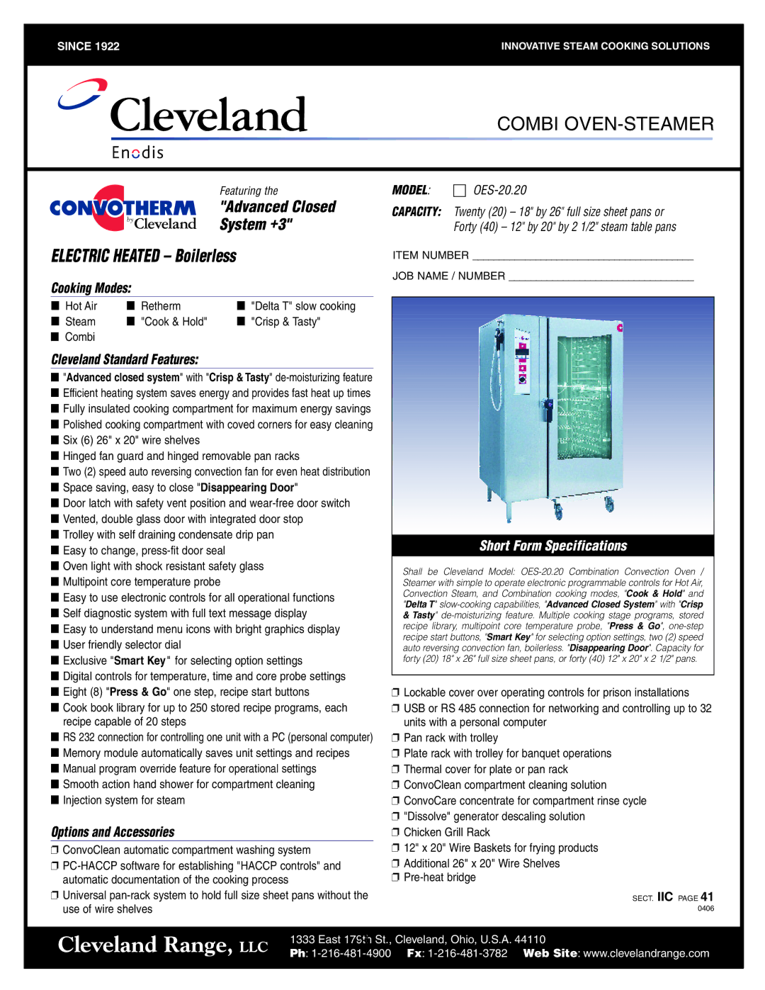 Cleveland Range OES-20.20, OEB-20.20 manual Electric Heated Boilerless 