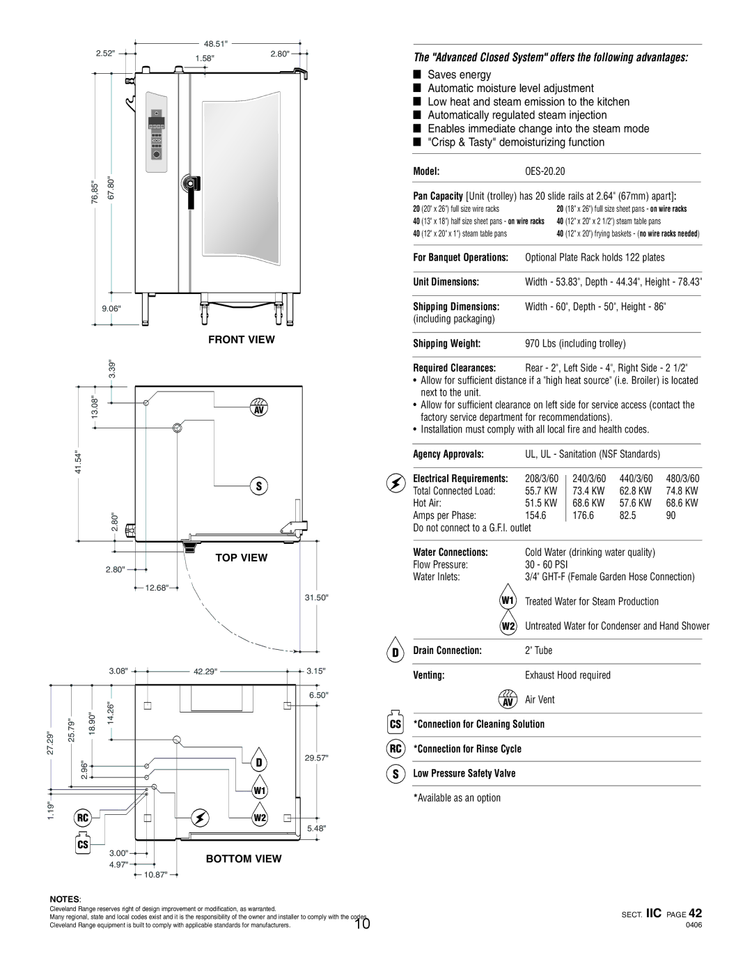 Cleveland Range OEB-20.20, OES-20.20 manual Front View 