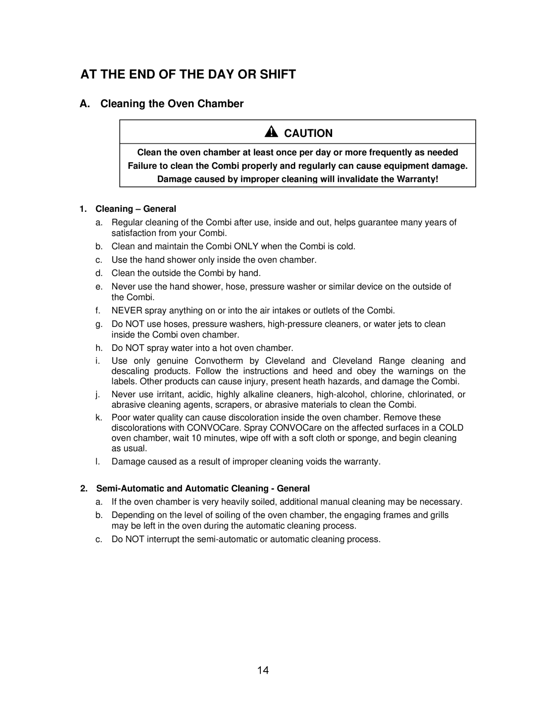 Cleveland Range OEB-20.20, OES-20.20 manual AT the END of the DAY or Shift 