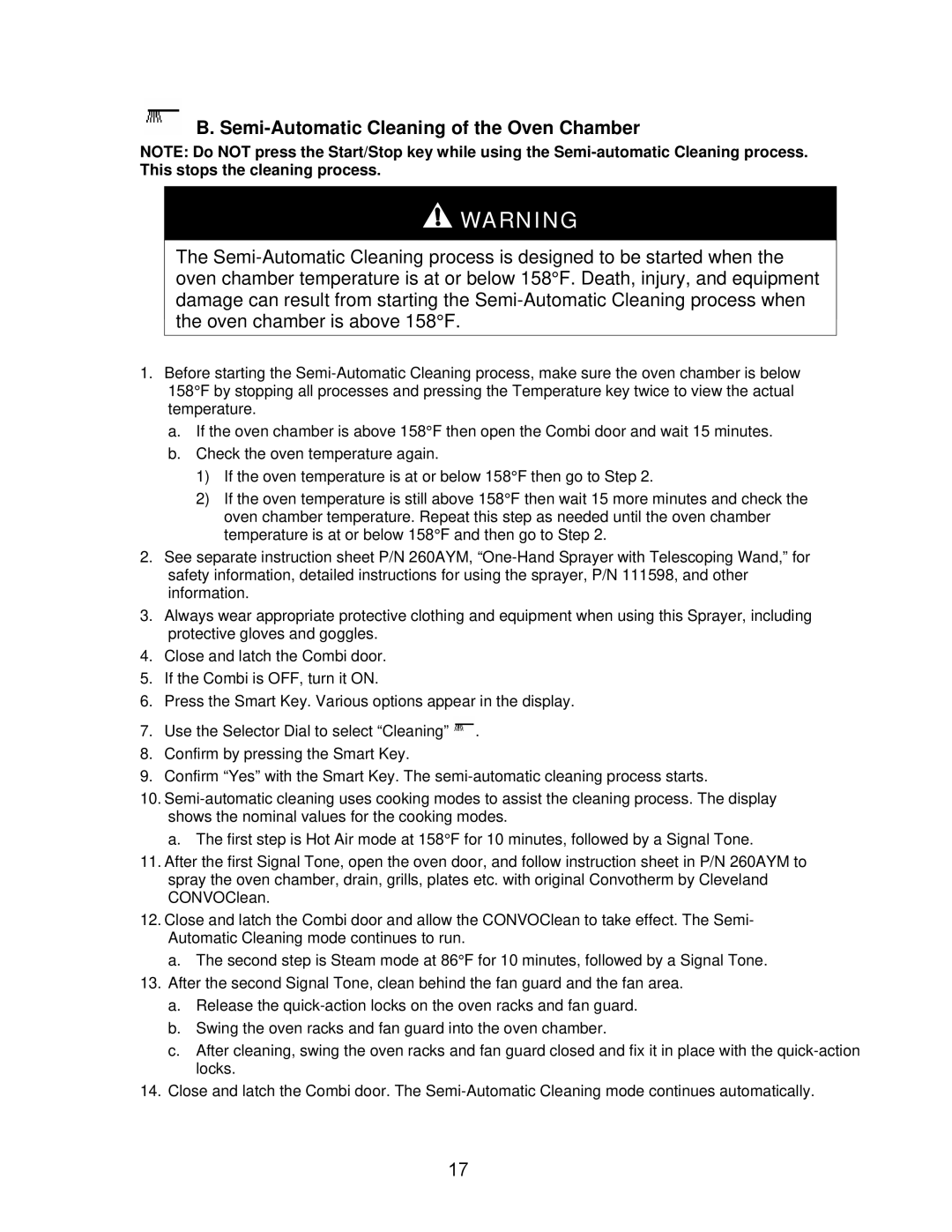 Cleveland Range OES-20.20, OEB-20.20 manual Semi-Automatic Cleaning of the Oven Chamber 